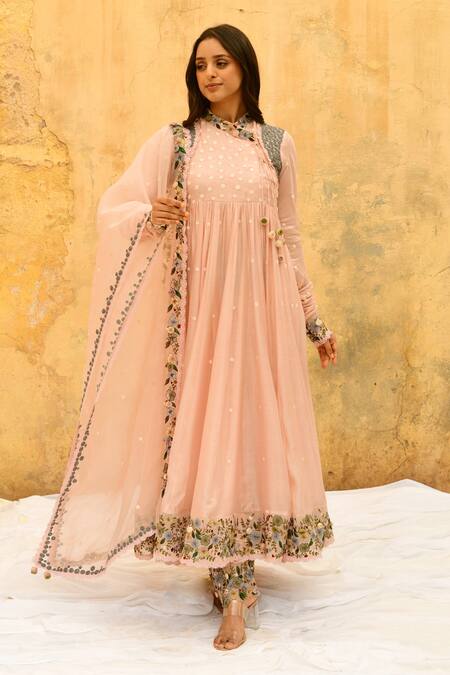 Label Niti Bothra Pink Pure And Handwoven Banarasi Silk Embroidery Gathered Angarkha Anarkali Set