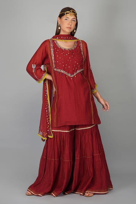 Devyani Mehrotra Flower Sequin Garnet Kurta Gharara Set 