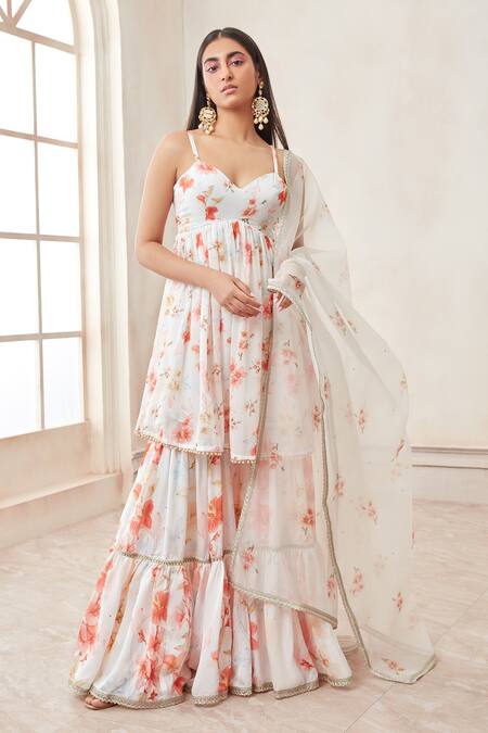 LASHKARAA White Floral Print Tiered Gharara Set 