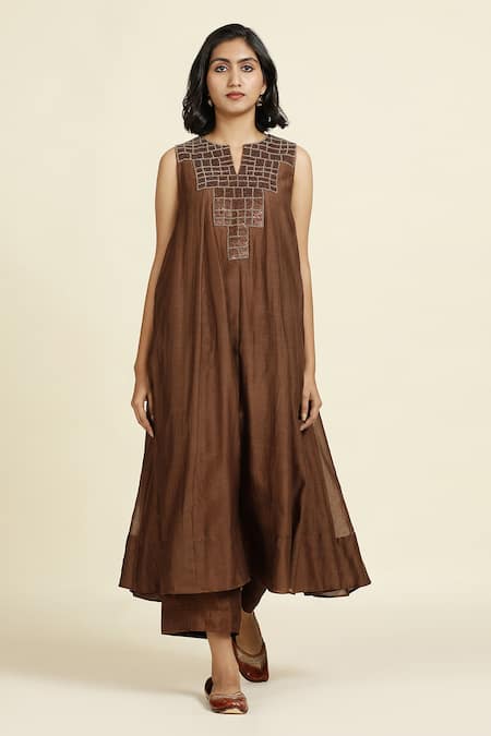 Oshi By Shikha Brown Chanderi, , Organza Embroidery, Sequins Split V-neck Anarkali Set 