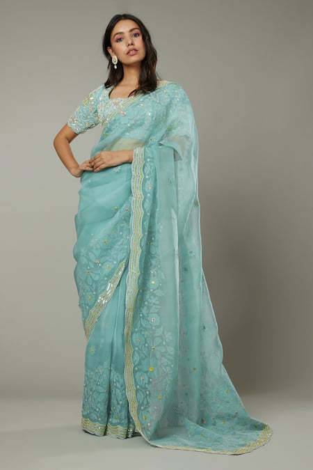 I am Design Blue Silk Organza Hand Embroidered Floral Pattern Peppermint Candy Saree