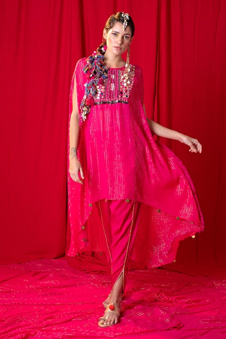 Enech Pink Shimmer Georgette Jhalar Asymmetric Tunic And Tulip Pant Set  