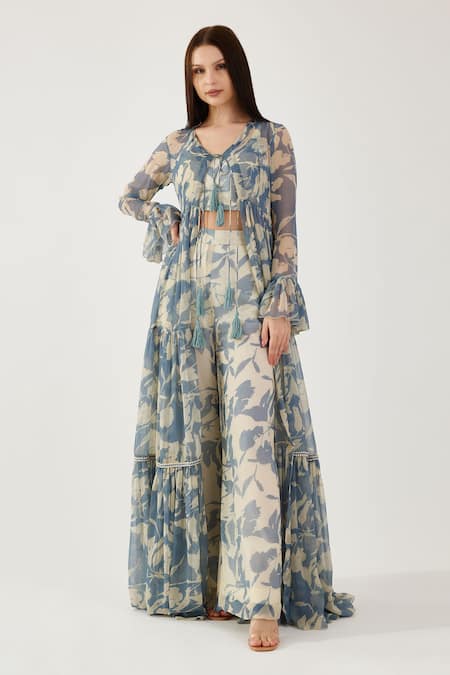 Koai_Blue Floral Print Chiffon Long Cape _Online_at_Aza_Fashions