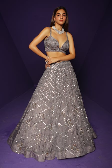 Rishi And Soujit Purple Organza Embroidery Swarovski Sweetheart Neck Lehenga Set 