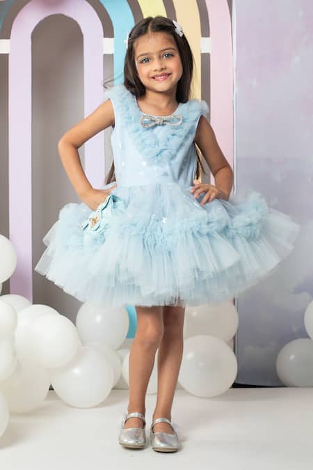 Hoity Moppet Blue Tulle, Satin Crystals Head In The Clouds Ruffled Dress