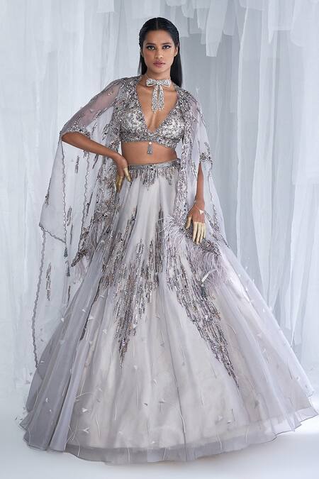 Dolly J Silver Organza Embellished Sequins Elaheh Bridal Lehenga And Cape Set 