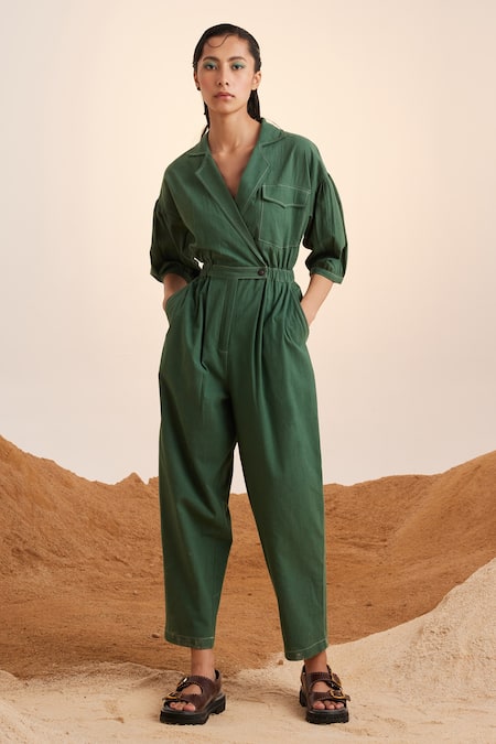 Cord Green Cotton Crinkle Embroidered Thread Running Stitch Top Jumpsuit 