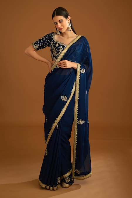 Shyam Narayan Prasad Blue Dupion Silk Embroidered Zardozi Leaf Neck Work Saree With Blouse 