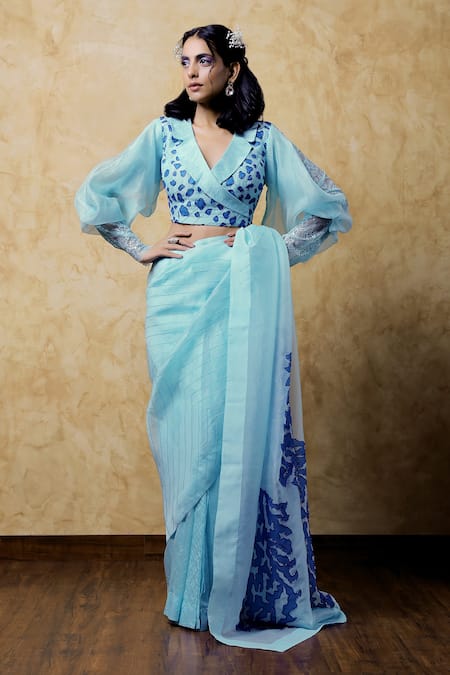 Shilpi Gupta Blue Organza Embroidery Patch Work Collared Neck Saree With Blouse  