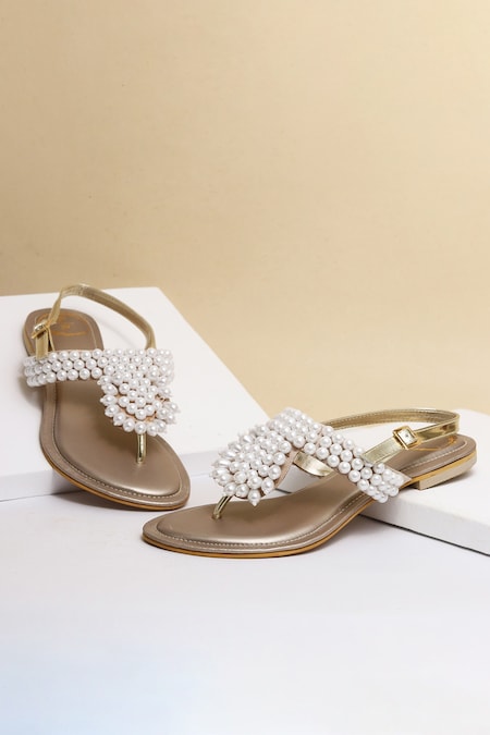 Mylah Light Gold Mirror Pearl Diamante Detail Flat Sandals | SIMMI London