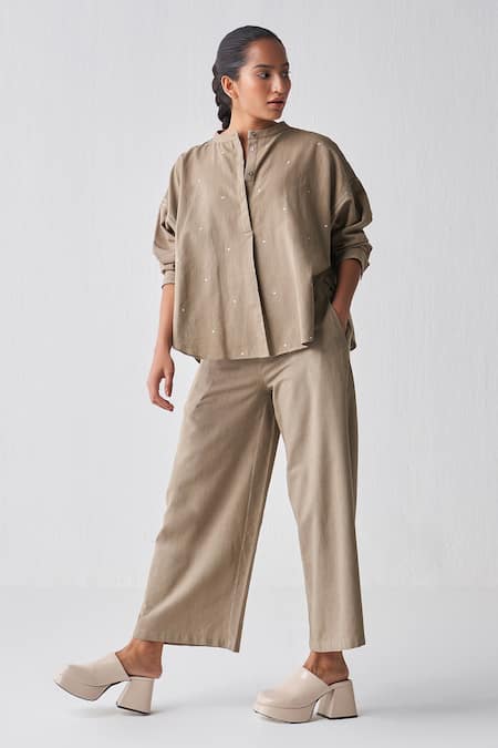 THREE Grey Handloom Cotton Plain High Waisted Pant 