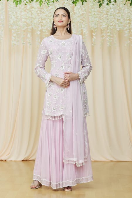 Buy Purple Viscose Organza Sequin Kurta With Pleated Sharara Set For ...