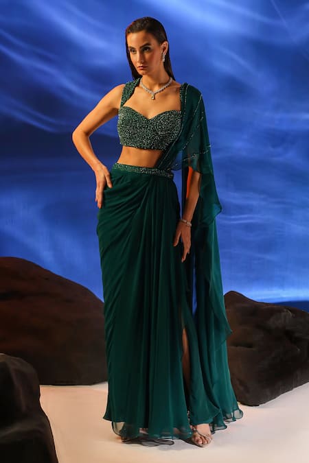 Buy_Jade By Ashima_Green Georgette, Crepe Cut Work Celia Pre-draped Saree With Embroidered Blouse _Online_at_Aza_Fashions