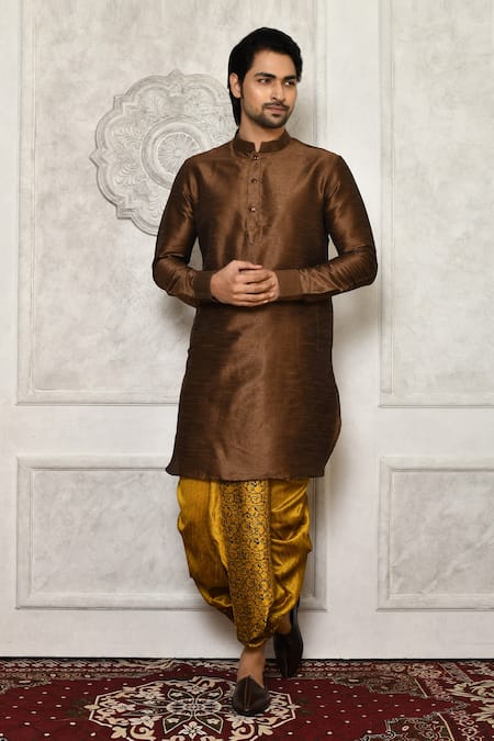 Arihant Rai Sinha Brown Dupion Silk Solid Full Sleeve Kurta