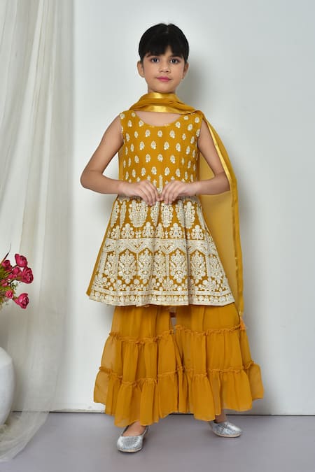 Samyukta Singhania Yellow Faux Georgette Embroidered Thread Work Kurta Sharara Set 