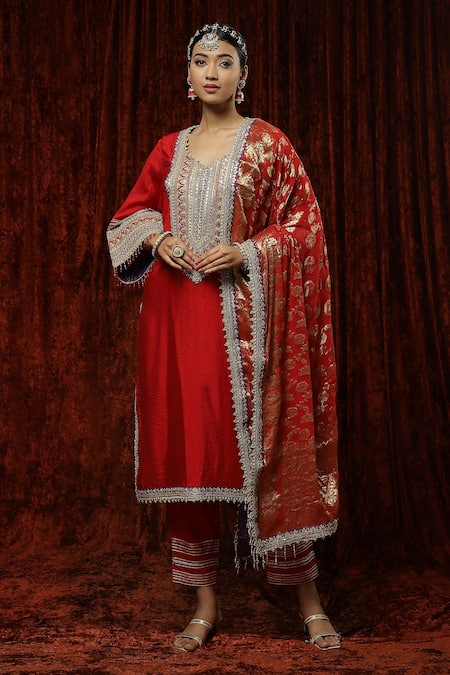 Shikhar Sharma Red Silk, Georgette, Chanderi Pearls, Gota Patti, Embroidered Kurta Pant Set