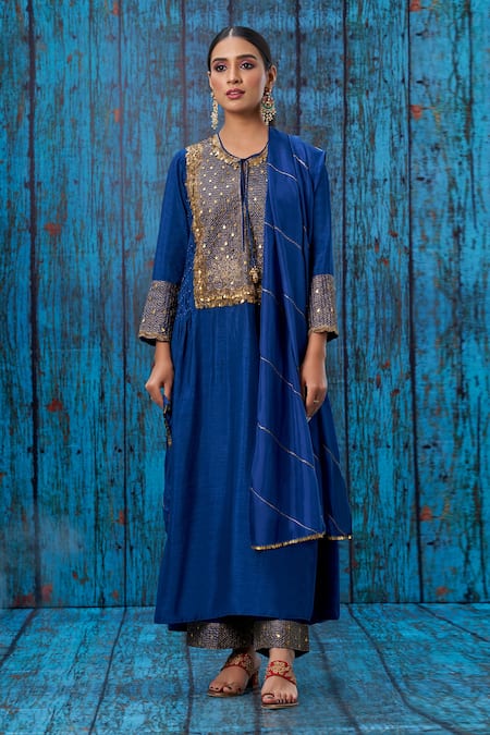 Label Niti Bothra_Blue Silk Zari Jaal Round Embroidered Yoke Kurta And Palazzo Set _Online_at_Aza_Fashions
