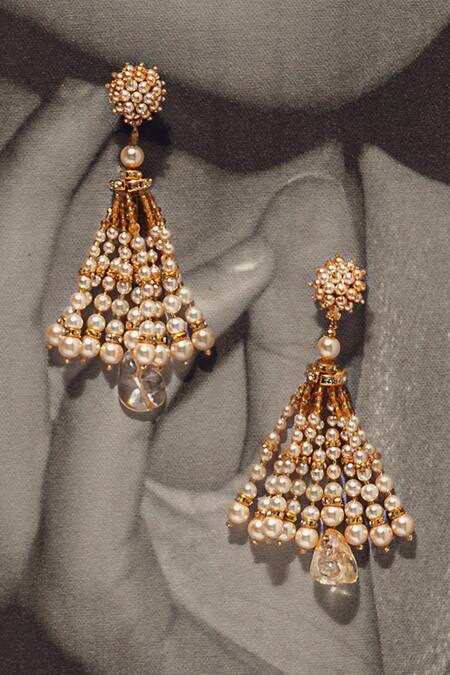 Shop Tarun Tahiliani Gold Plated Pearls Tassel Dangler Earrings at Aza Fashions Shop_Tarun Tahiliani_Gold Plated Pearls Tassel Dangler Earrings_at_Aza_Fashions