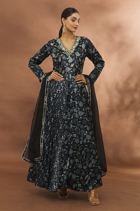 Samyukta Singhania Black Embroidery V-neck Chevron And Floral Print Anarkali