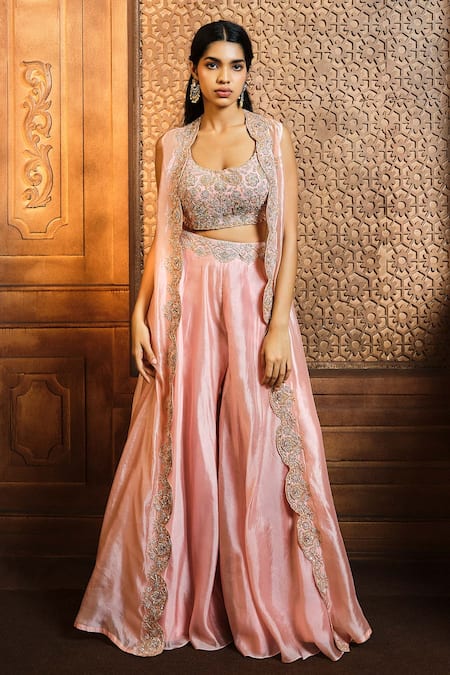 Aneesh Agarwaal Pink Silk Organza Embroidery Cutdana Jacket Open Cape Sharara Set 