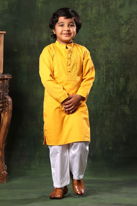Littlecheer Yellow Cotton Satin Pintuck Kurta And White Pyjama Set