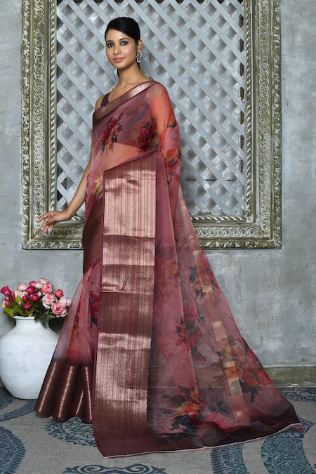 Nazaakat by Samara Singh Brown Organza Floral Garden Pattern Saree