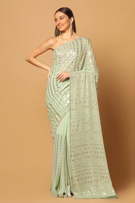 Two Sisters By Gyans Sequin Stripe Pattern Saree With Unstitched Blouse Fabric 