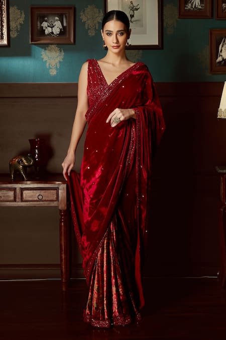 Maroon Velvet Saree paired with matching hand embroidered blouse designs by  SA!✨✨ 👉color can be customized 🌸 #bridal2022 #bridalnepal… | Instagram