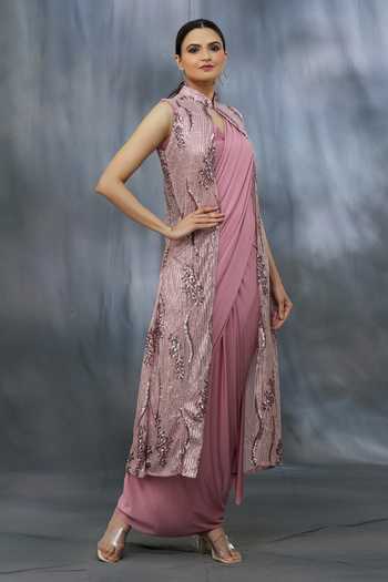 Buy_Khwaab By Sanjana Lakhani_Pink Saree And Blouse Lycra & Jacket Soft Solid Pre-draped With _Online_at_Aza_Fashions