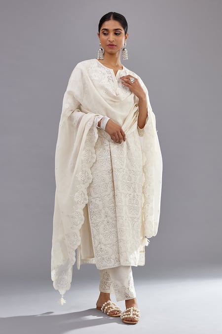 KORA Off White Kurta And Dupatta  Cotton & Sequins Straight Pant Set  