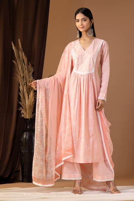 Abbaran Pink , Satin Sequins, Lace V-neck Floral Pattern Kurta Palazzo Set