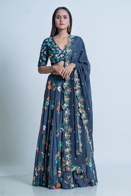 Nautanky Sequin Embellished Floral Work Lehenga Set 