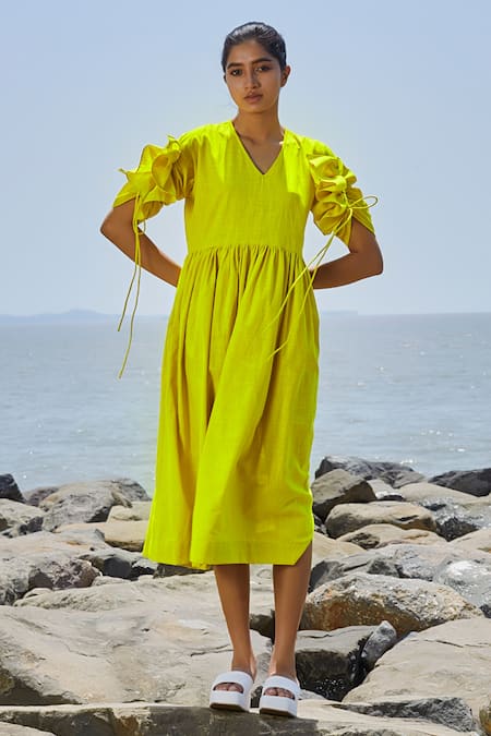 MATI Yellow 100% Cotton V Neck Ruffle Sleeve Dress 