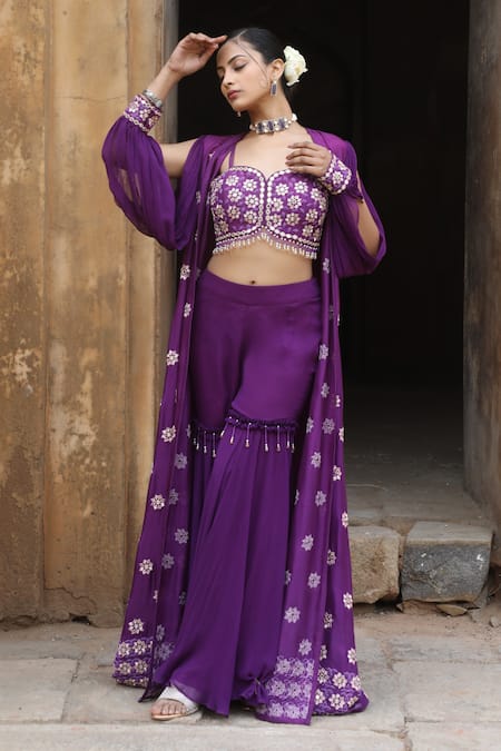 Nitisha Kashyap Official Purple Georgette, Silk Beads, Mirrors Split Balloon Sleeve Cape Gharara Set 