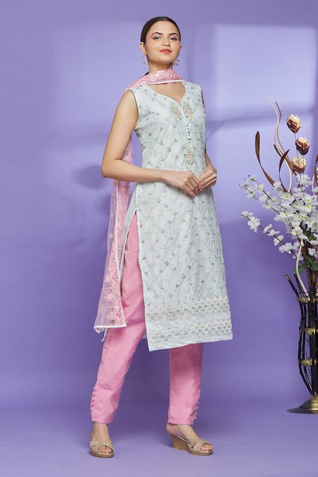 Samyukta Singhania Blue Polyester Embroidered Floral Round Kurta Set 