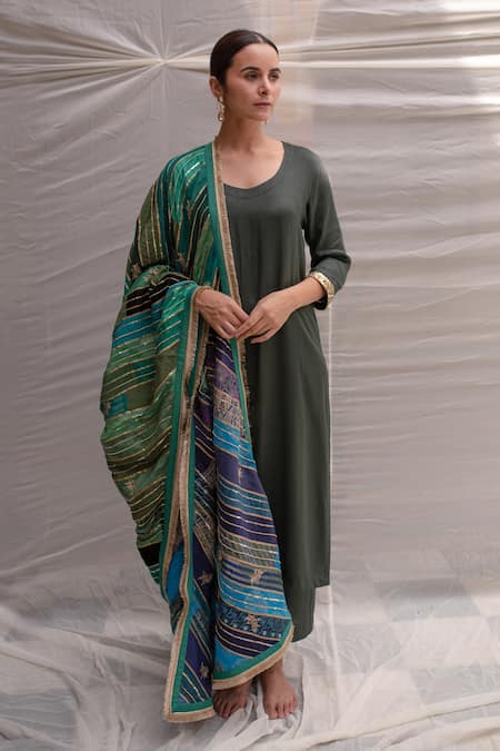 Priyanka Raajiv Blue Silk, Cotton, Tissue, Satin, Brocade, Meenakshi Stripe Embroidered Dupatta 