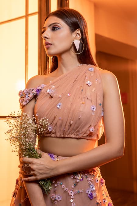 Shop_Richa Jaisinghani Label_Beige Tulle And Georgette Beads & Thread, Floral Embroidered Lehenga & Blouse Set _at_Aza_Fashions