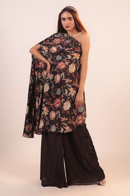 LABEL SHRISTI CHETANI Brown Crepe Embellishment Beads One Floral Pattern Kurta And Flared Pant Set 