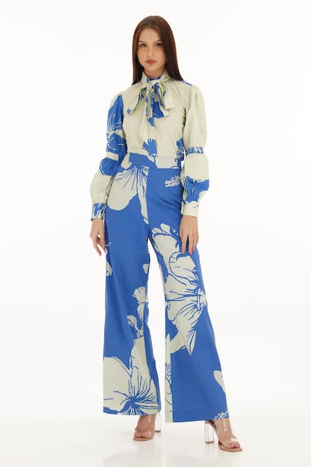 Koai Blue Poplin Cotton Floral Pattern Pant Online at Aza Fashions Koai_Blue Poplin Cotton Floral Pattern Pant _Online_at_Aza_Fashions