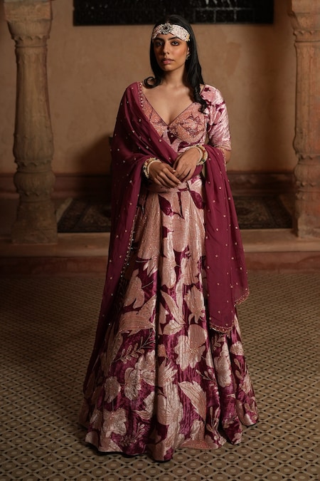 Buy Wine Red Sequins Embroidered Velvet Wedding Lehenga Online | Samyakk