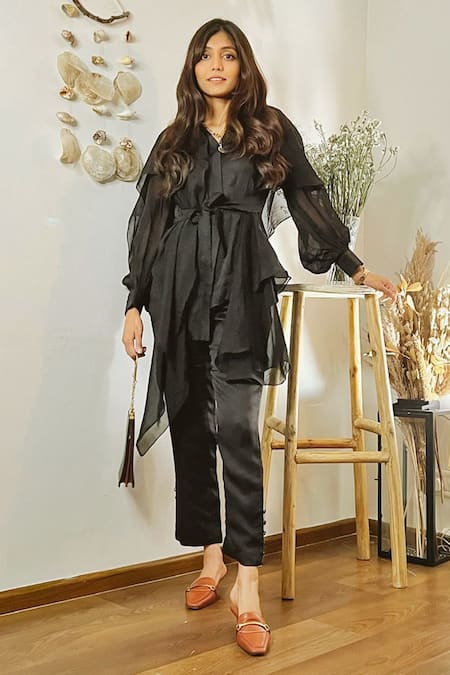 Garima Bindal Black Pure Modal Satin Solid Collared Neck Tie-up Shirt Straight Pant Set 