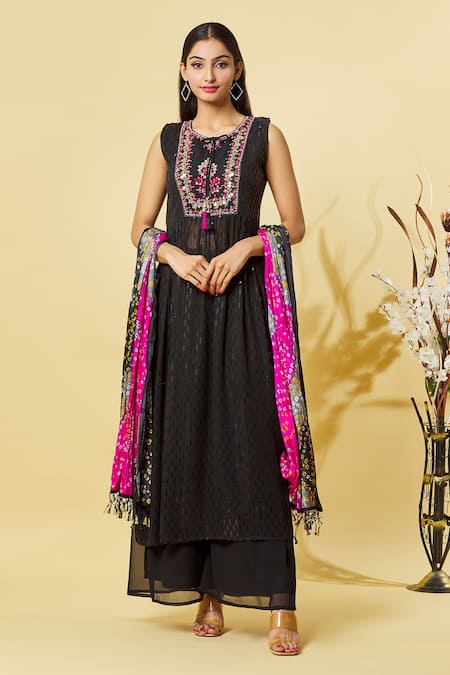 Samyukta Singhania Black Kurta Georgette Zardosi Work Sequin And Flower Embellished Set 