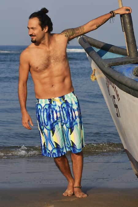 Goya Swim Co Blue Recycled Polyester Handpainted Prints Abstract Board Shorts 