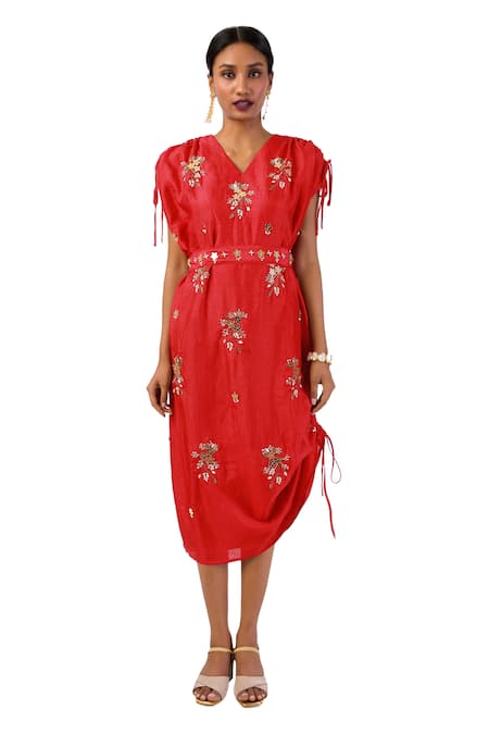 Meghna Shah Red Silk Beads, Stones V-neck Hand Embroidered Draped Cowl Dress 