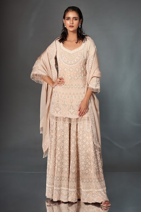 Stotram Beige Organza Embroidery Sequins Leaf Neck Hand Kurta Sharara Set