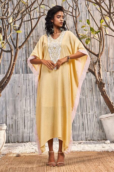 Charkhee Yellow Cotton Beads, Cut Work V-neck Stripe Pattern Embellished Kaftan