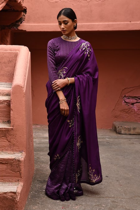 Deep Thee Purple Chiniya Silk Embroidery Kalyani Boota Round Saree With Blouse 