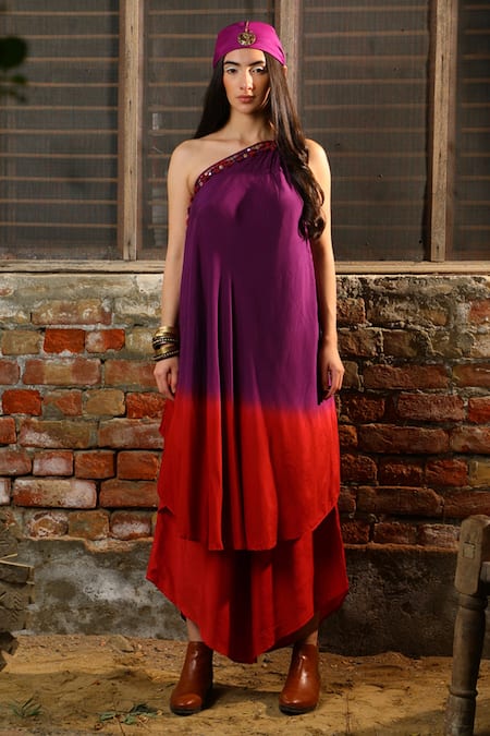 Enech Dual Toned One Shoulder Tunic And Pant Set 