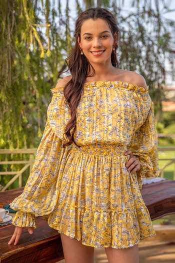 Buy B'Infinite Yellow Satin Off-shoulder Floral Pattern Shirred Dress at Aza Fashions Buy_B'Infinite_Yellow Satin Off-shoulder Floral Pattern Shirred Dress_at_Aza_Fashions