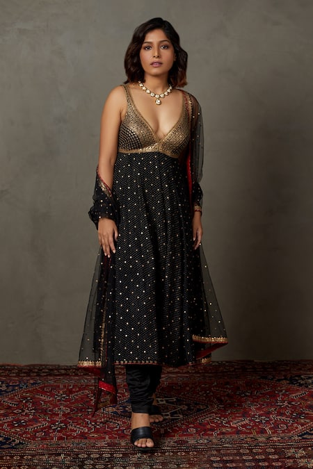 RI.Ritu Kumar Black Anarkali Silk Embroidered Aari Plunge V Neck Sohini Set 